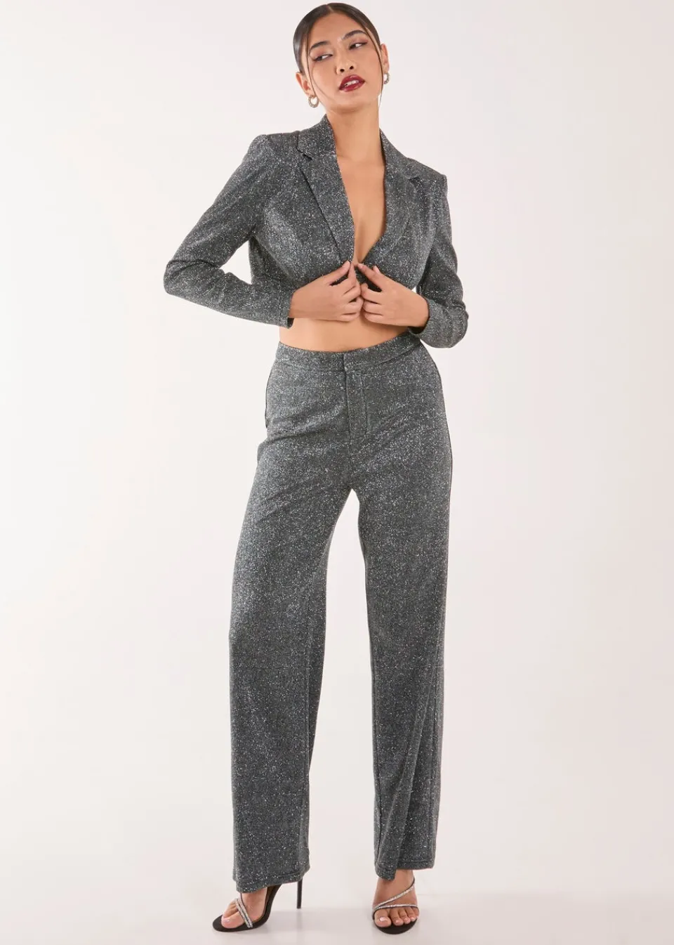 Coats & Jackets>Pink Vanilla Black Glitter Cropped Blazer