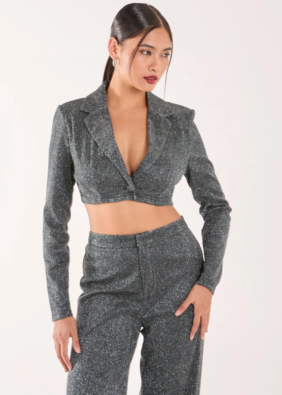 Coats & Jackets>Pink Vanilla Black Glitter Cropped Blazer
