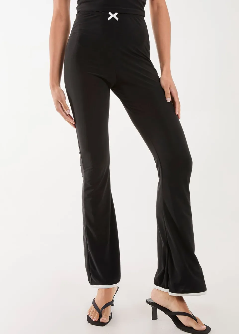 Trousers>Pink Vanilla Black High Waisted Bow Detail Piping Flares
