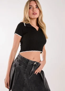Tops>Pink Vanilla Black Knit Collared Contrast Top