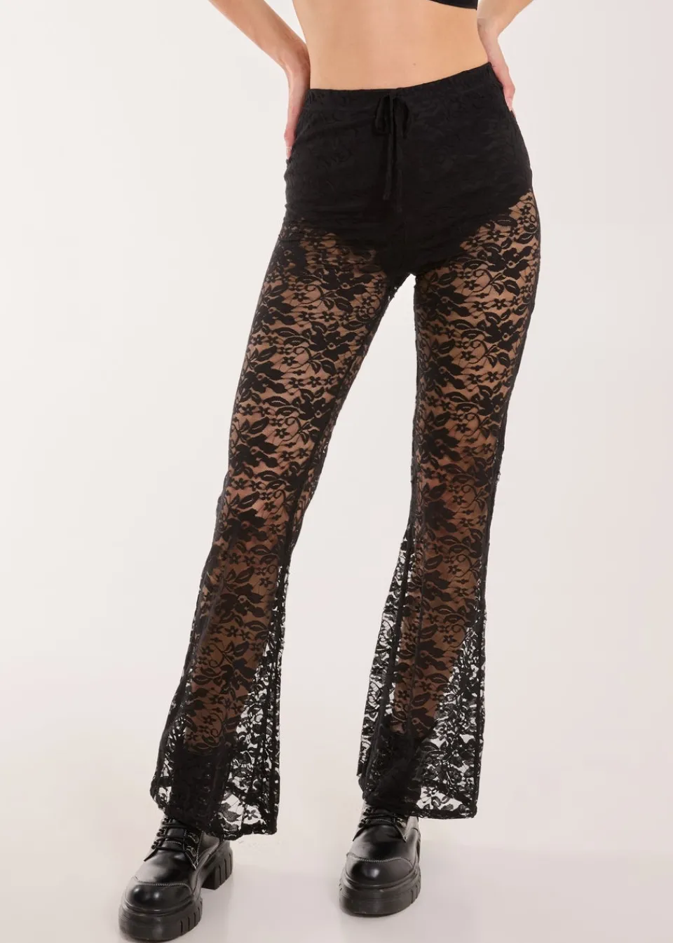 Trousers>Pink Vanilla Black Lace Flared Trousers