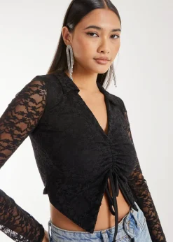Tops>Pink Vanilla Black Lace Long Sleeve Tie Front Top