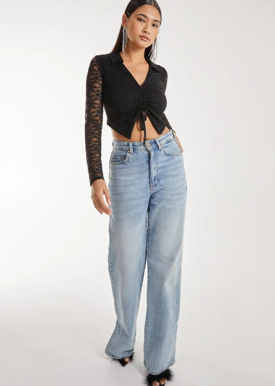 Tops>Pink Vanilla Black Lace Long Sleeve Tie Front Top