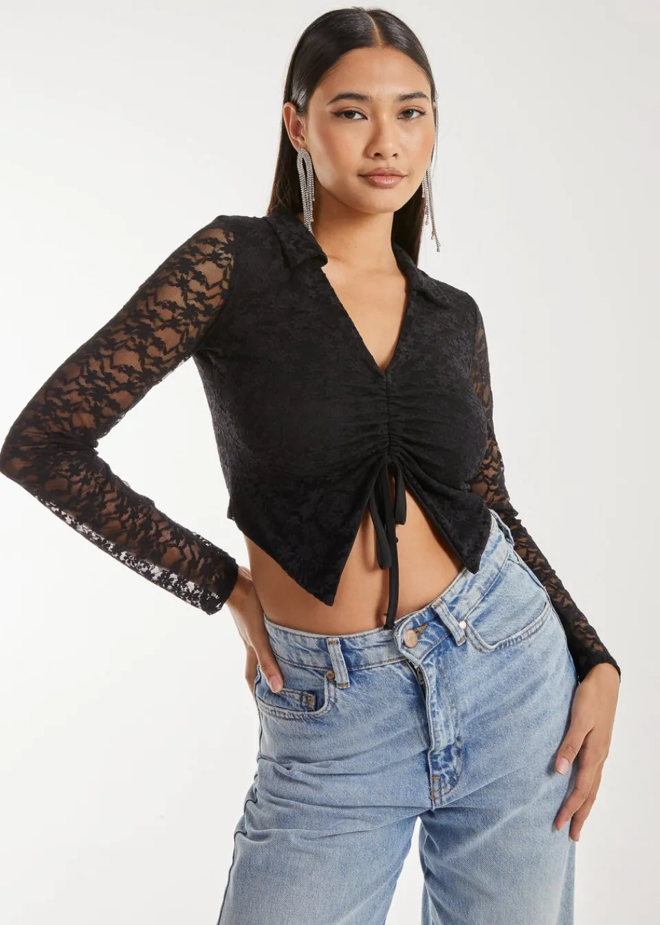 Tops>Pink Vanilla Black Lace Long Sleeve Tie Front Top