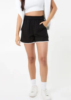 Shorts>Pink Vanilla Black Lace Trim Stripe Shorts