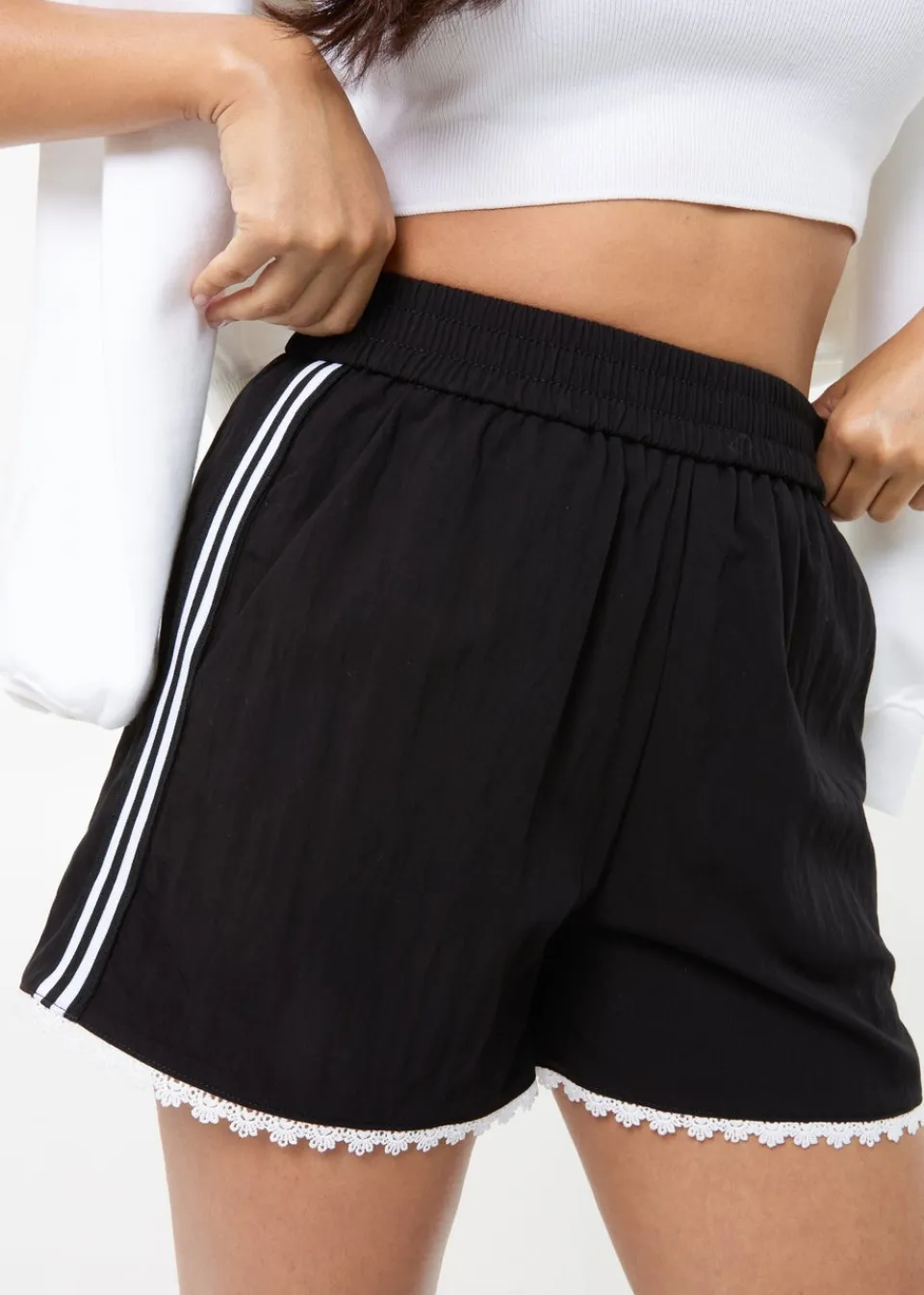 Shorts>Pink Vanilla Black Lace Trim Stripe Shorts