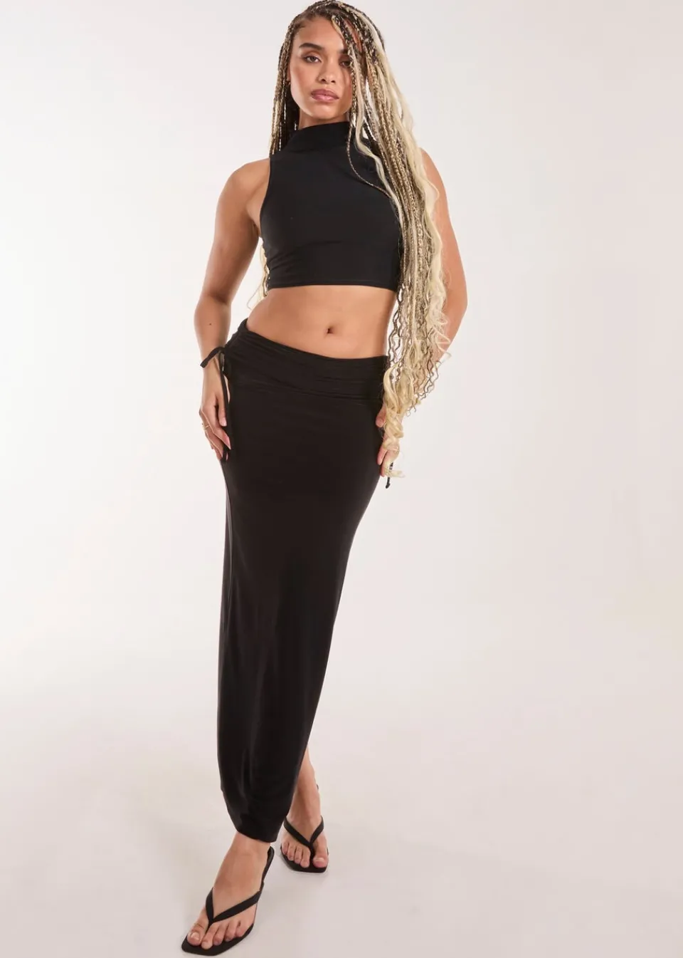 Skirts>Pink Vanilla Black Low Rise Fold Over Slinky Maxi Skirt