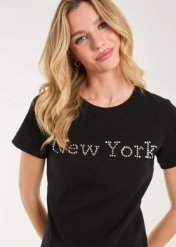 T-Shirts>Pink Vanilla Black New York Diamante T- Shirt