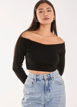 Tops>Pink Vanilla Black Off Shoulder Crop Knit Top