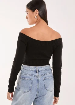 Tops>Pink Vanilla Black Off Shoulder Crop Knit Top