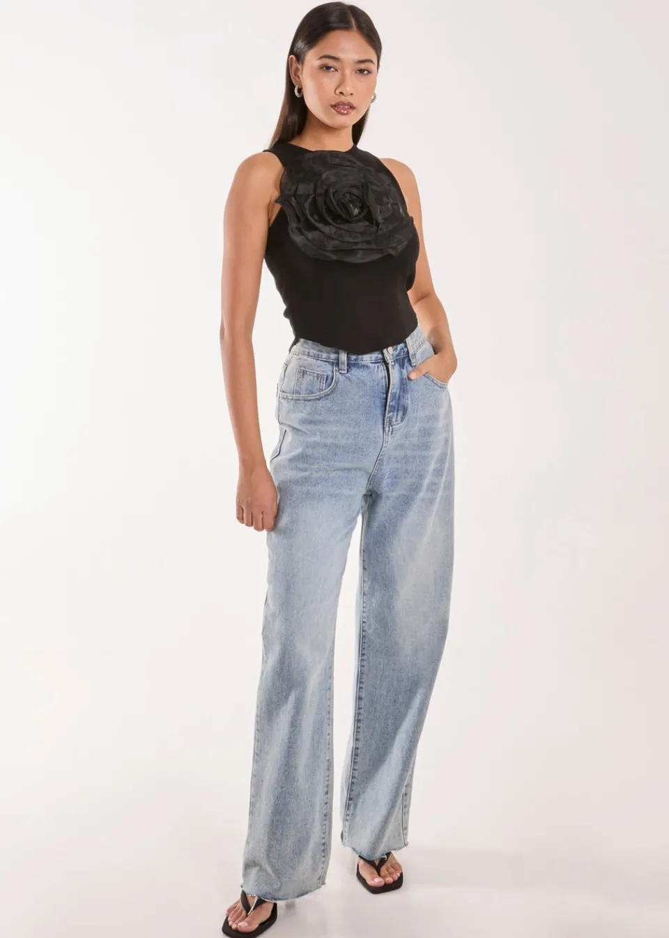 Tops>Pink Vanilla Black Oversized Ruffle Corsage Top