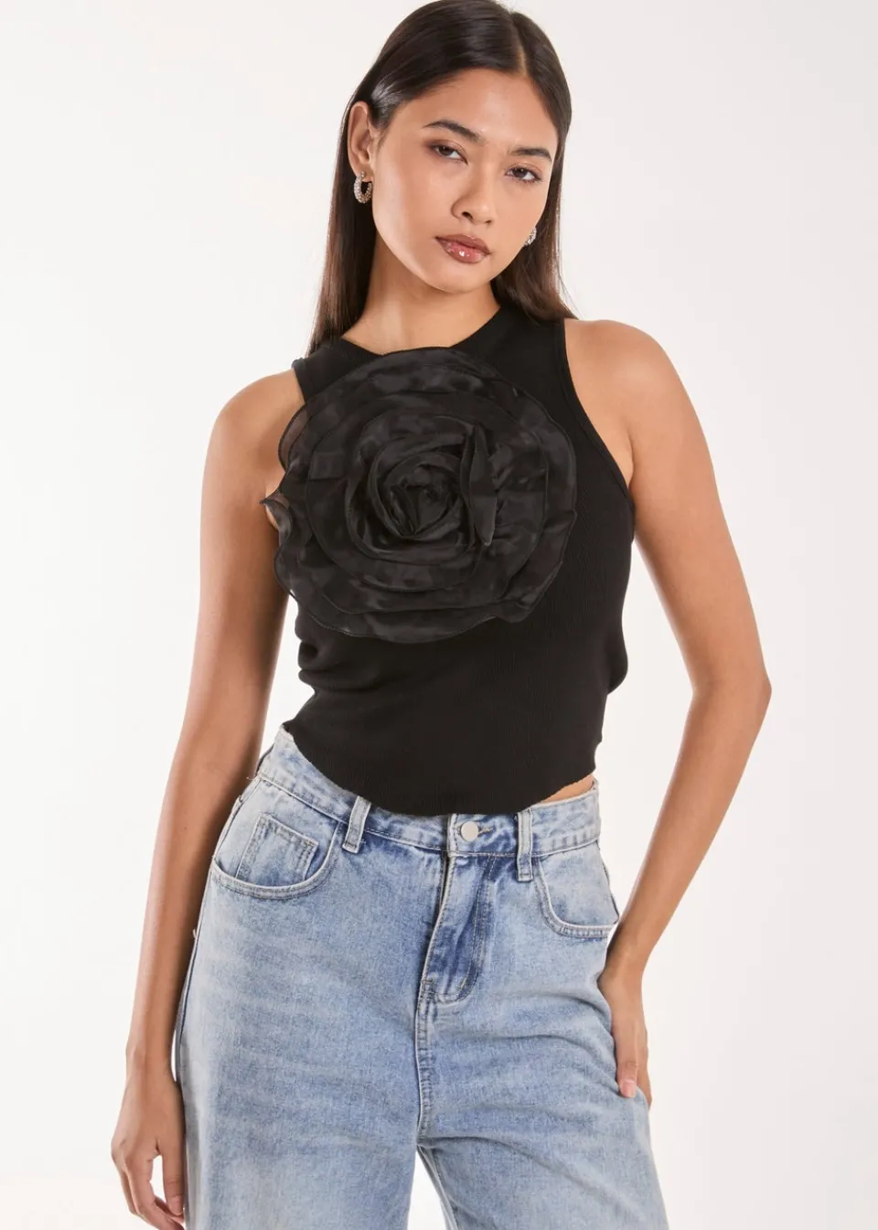Tops>Pink Vanilla Black Oversized Ruffle Corsage Top