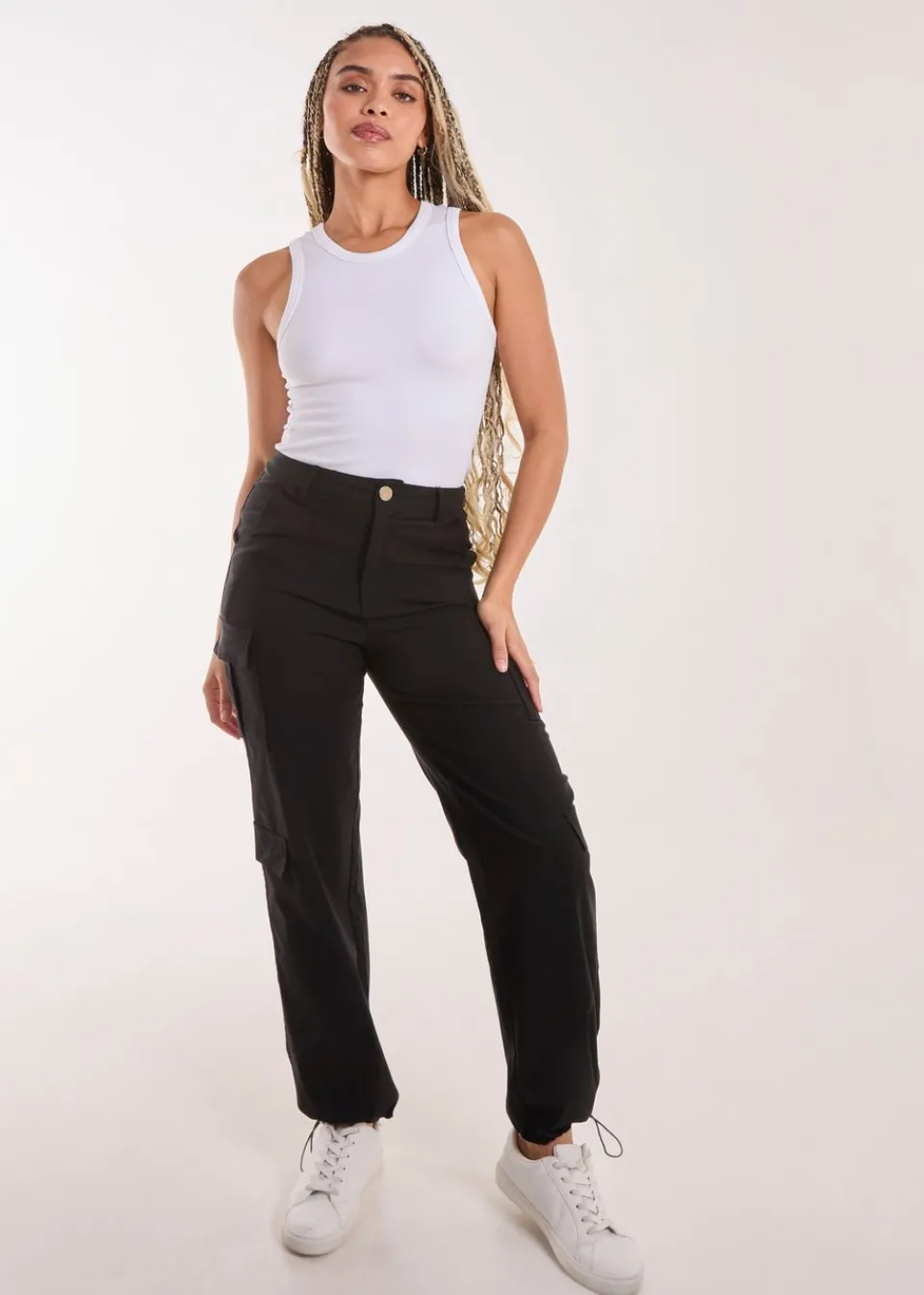 Trousers>Pink Vanilla Black Pocket Detail Wide Leg Cargo Pants