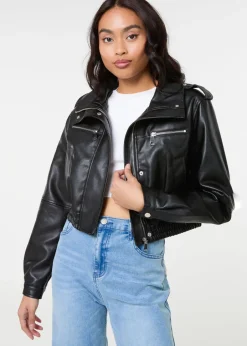 Coats & Jackets>Pink Vanilla Black Pocket Detail PU Cropped Bomber Jacket