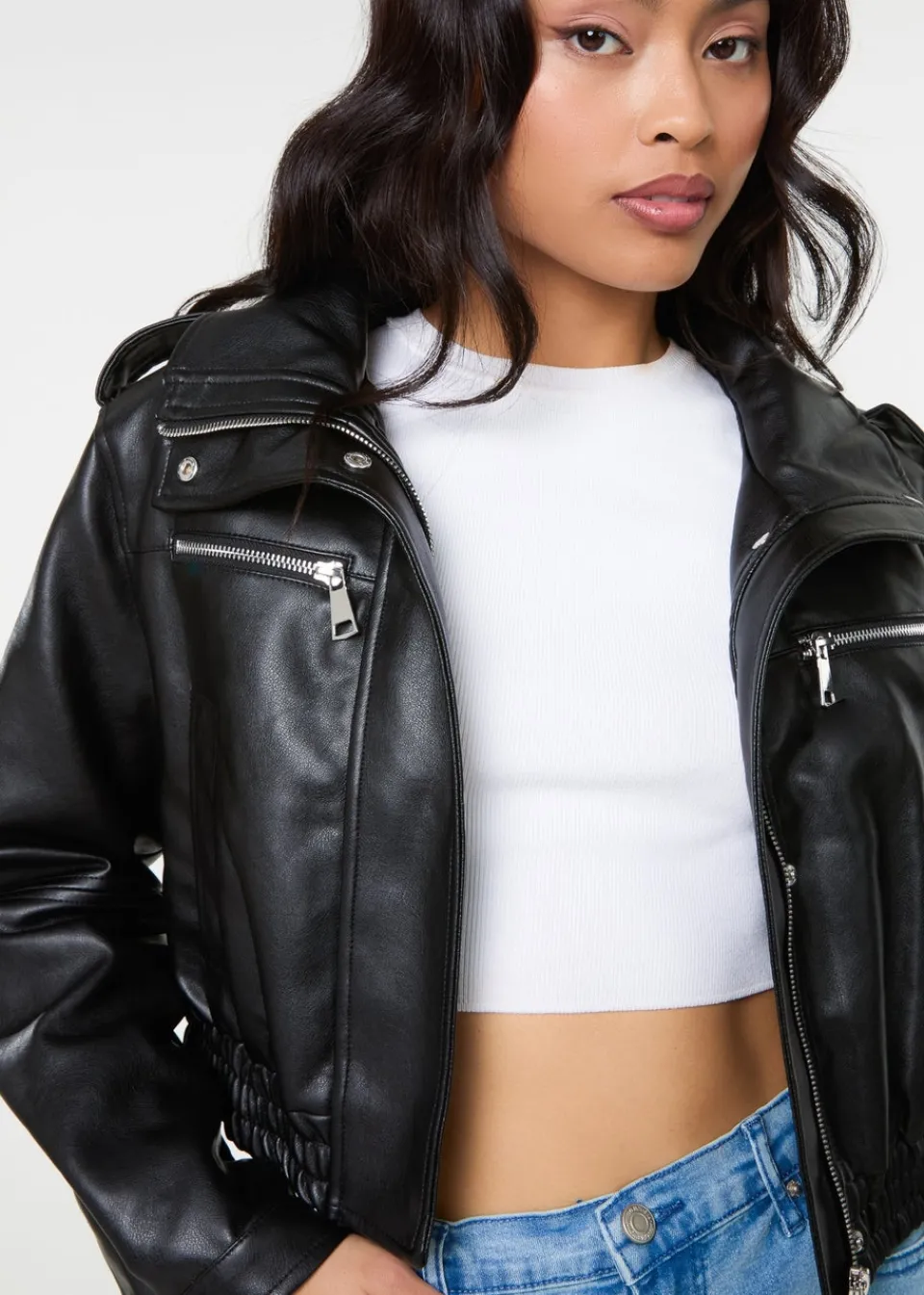 Coats & Jackets>Pink Vanilla Black Pocket Detail PU Cropped Bomber Jacket