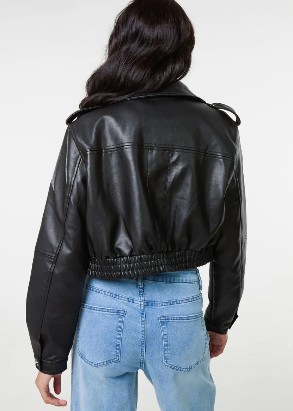 Coats & Jackets>Pink Vanilla Black Pocket Detail PU Cropped Bomber Jacket