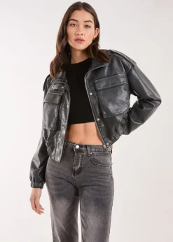 Coats & Jackets>Pink Vanilla Black PU Utility Cropped Bomber Jacket