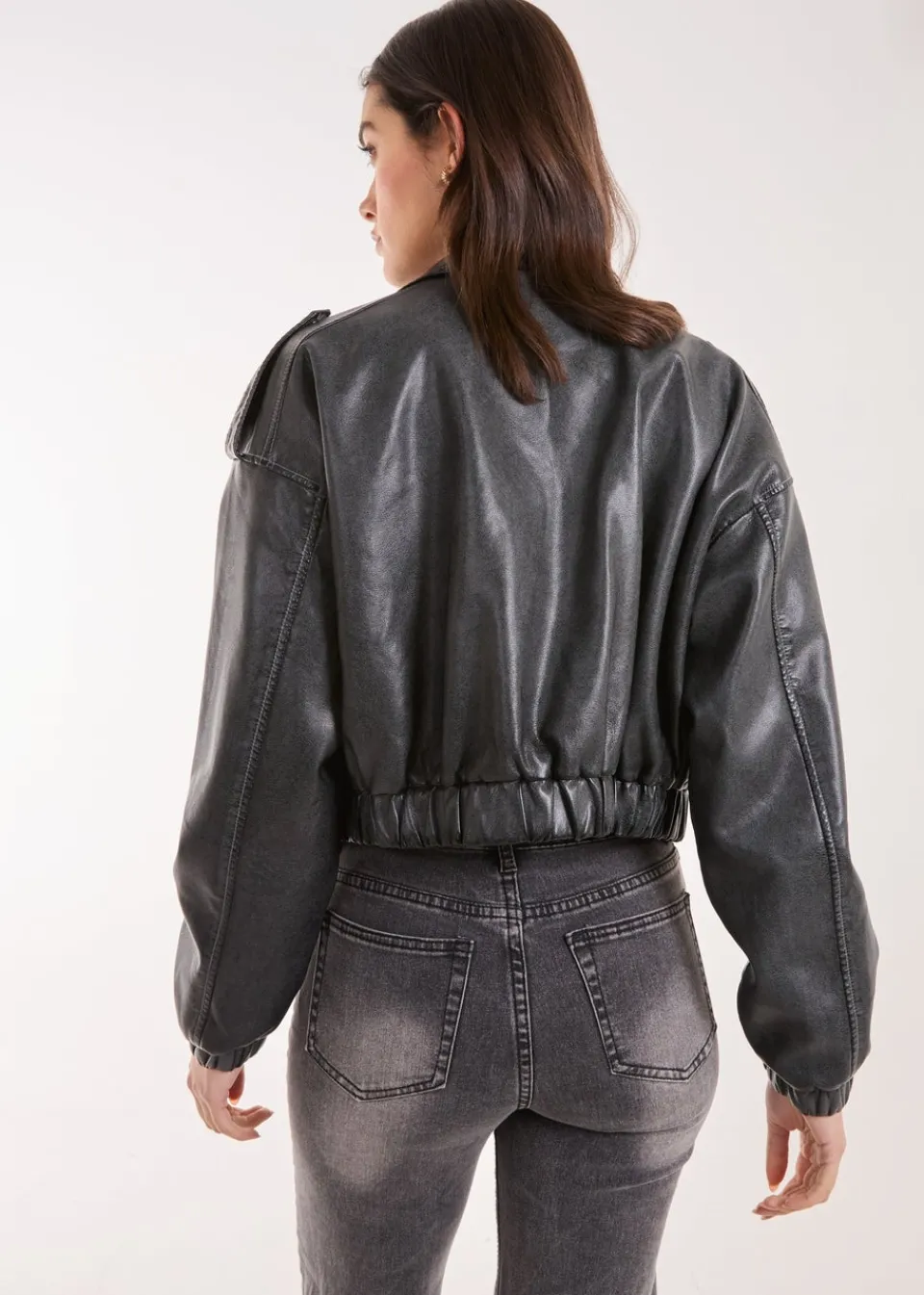 Coats & Jackets>Pink Vanilla Black PU Utility Cropped Bomber Jacket
