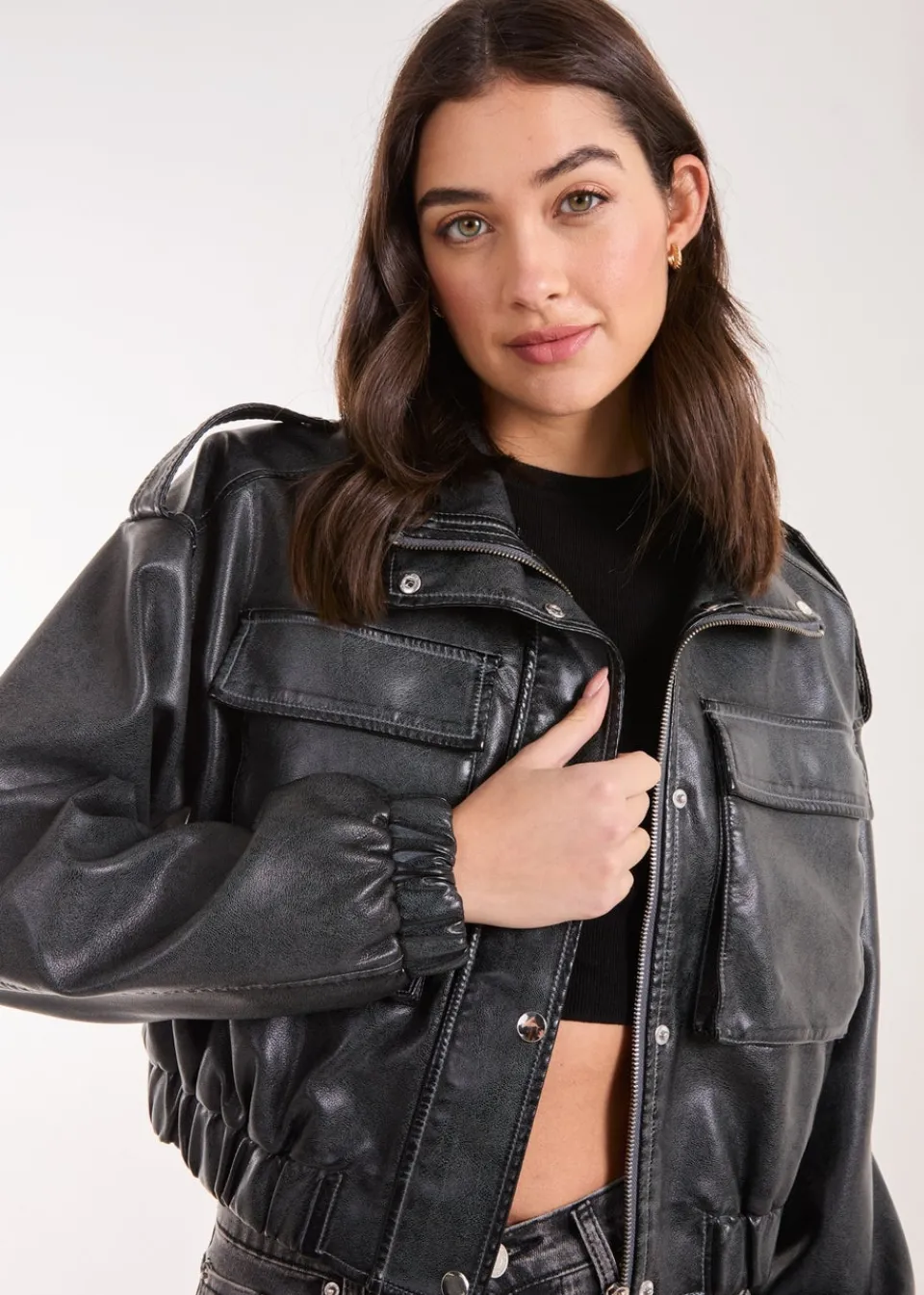 Coats & Jackets>Pink Vanilla Black PU Utility Cropped Bomber Jacket