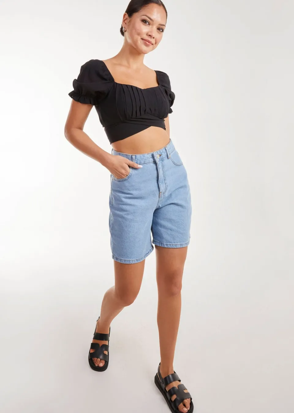 Tops>Pink Vanilla Black Puff Sleeve Tie Back Top