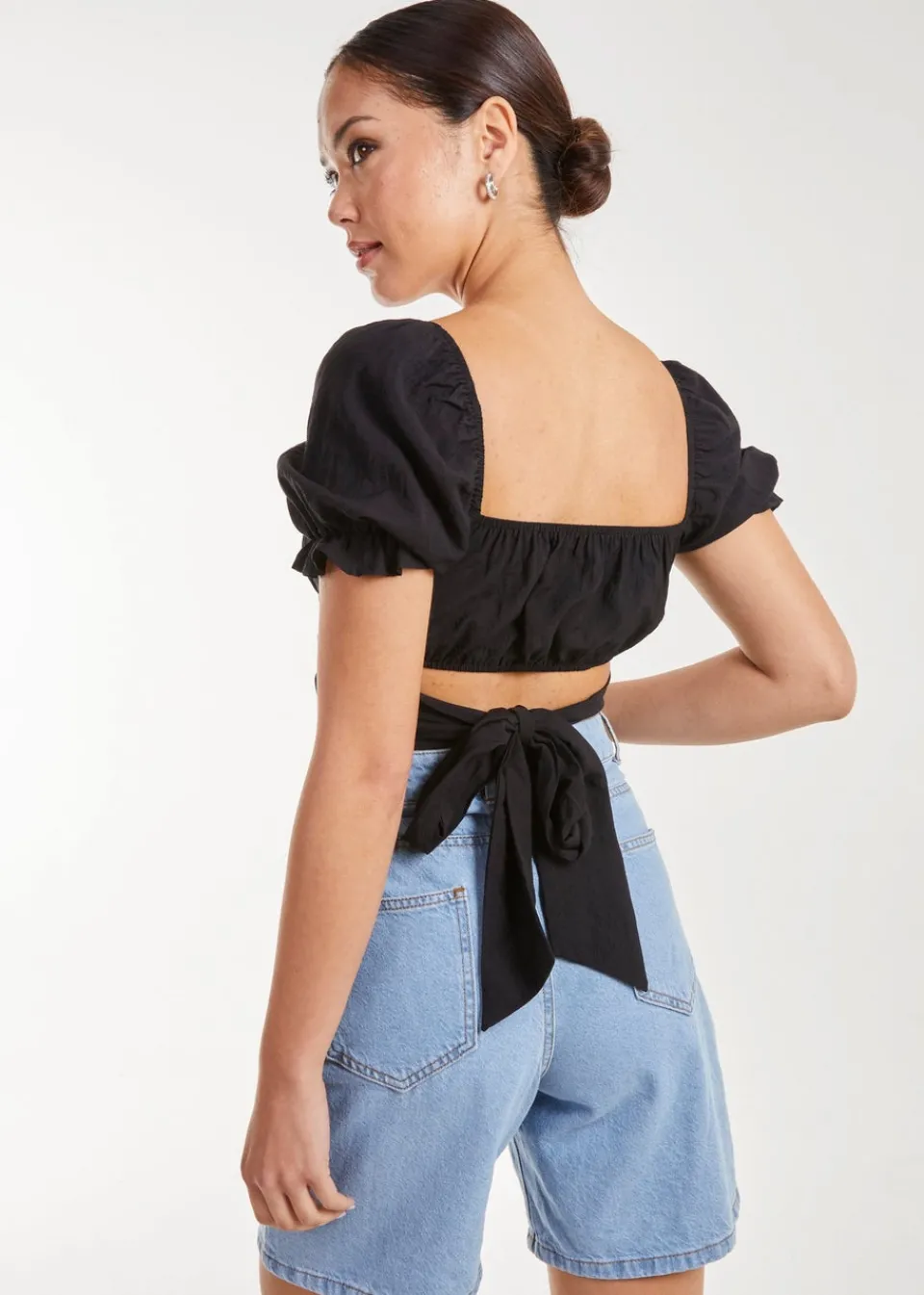 Tops>Pink Vanilla Black Puff Sleeve Tie Back Top