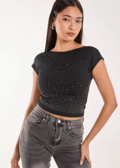 Tops>Pink Vanilla Black Rhinestone Scoop Back Top