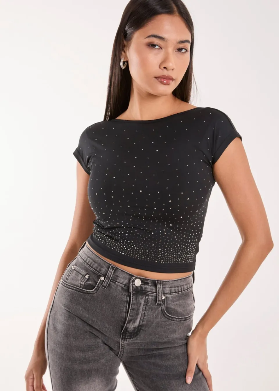 Tops>Pink Vanilla Black Rhinestone Scoop Back Top