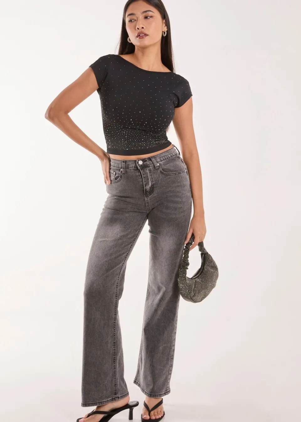 Tops>Pink Vanilla Black Rhinestone Scoop Back Top