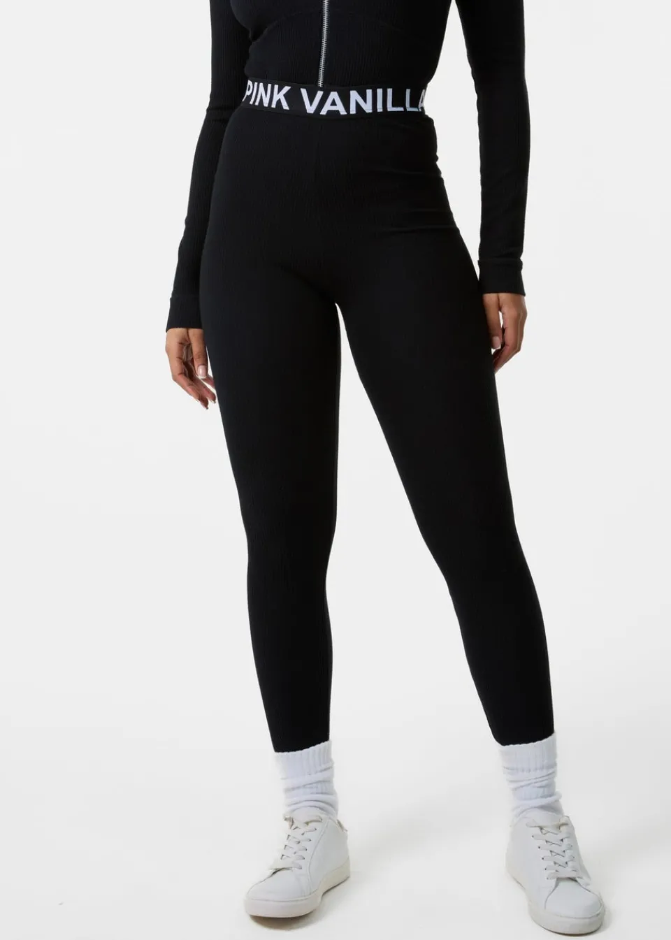 Loungewear>Pink Vanilla Black Ribbed Leggings With Logo Band