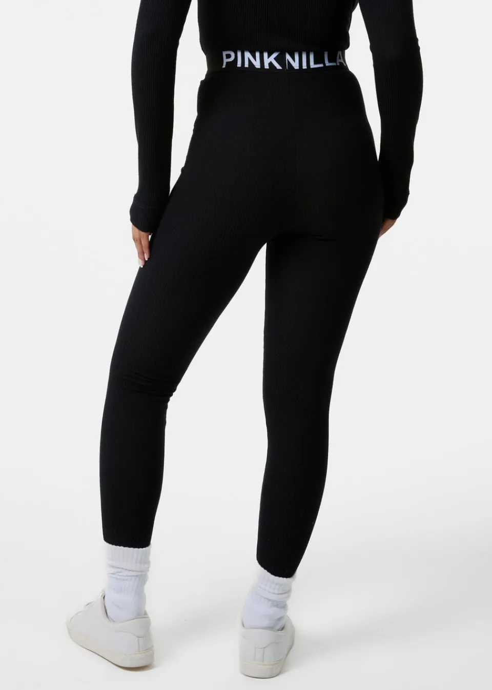 Loungewear>Pink Vanilla Black Ribbed Leggings With Logo Band