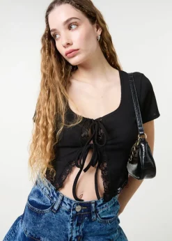 T-Shirts>Pink Vanilla Black Ribbed Lace Tie Front Top