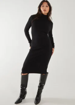 Knitwear>Pink Vanilla Black Ribbed Roll Neck Midi Dress