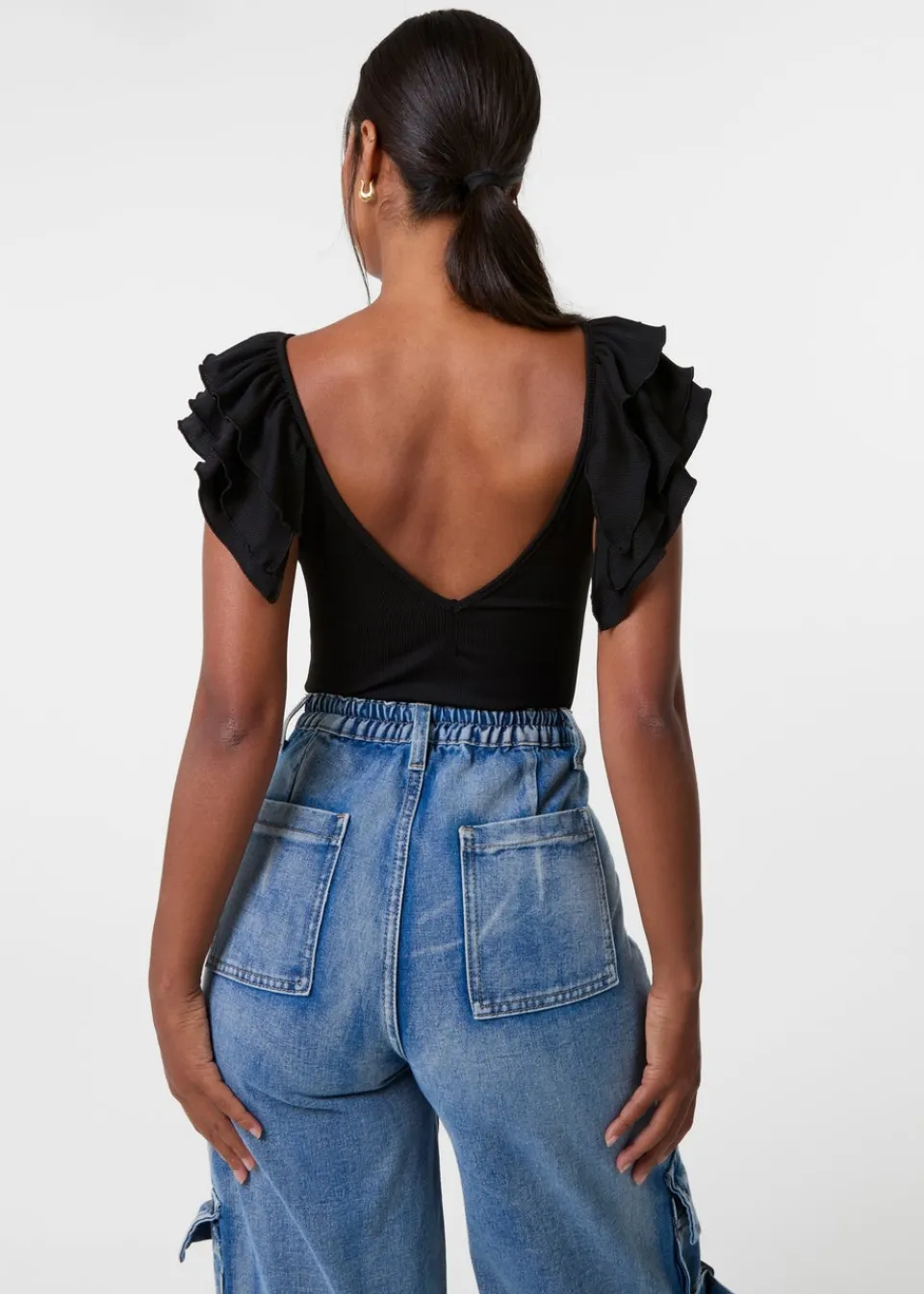 Tops>Pink Vanilla Black Ruffle Sleeve Bodysuit