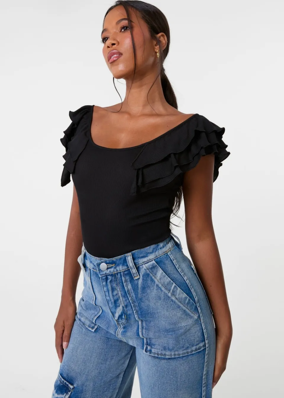 Tops>Pink Vanilla Black Ruffle Sleeve Bodysuit