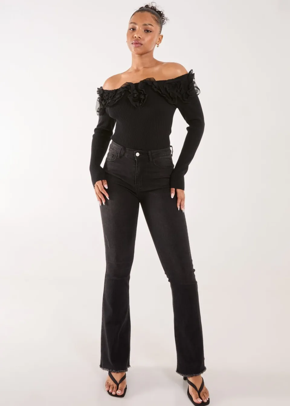 Tops>Pink Vanilla Black Ruffle Bardot Knit Top