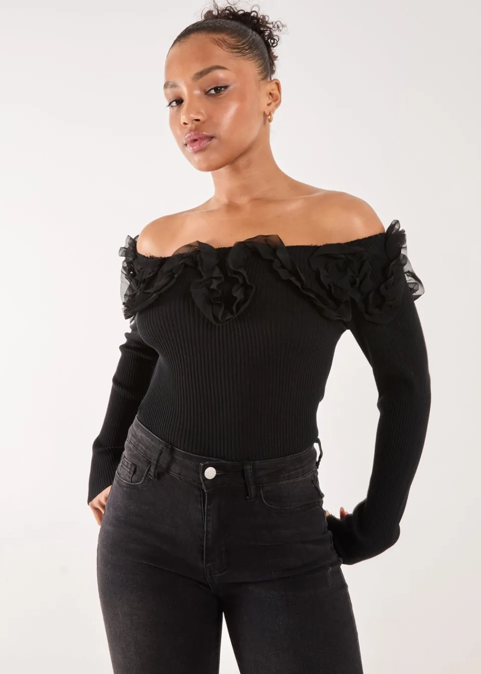 Tops>Pink Vanilla Black Ruffle Bardot Knit Top