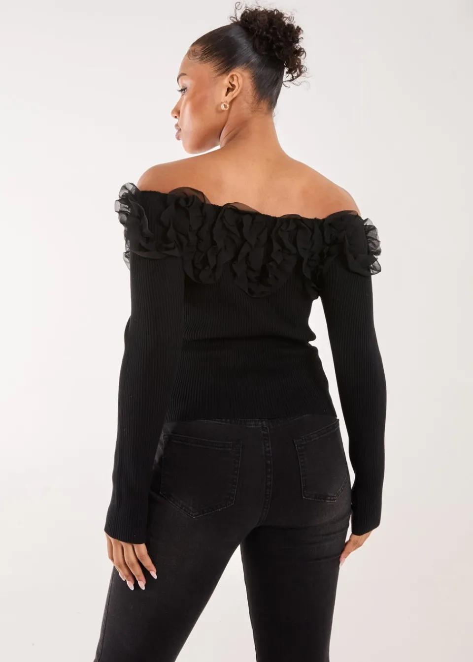 Tops>Pink Vanilla Black Ruffle Bardot Knit Top