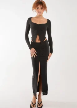 Skirts>Pink Vanilla Black Slinky Ruched Maxi Skirt
