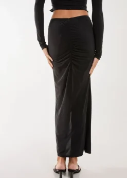 Skirts>Pink Vanilla Black Slinky Ruched Maxi Skirt