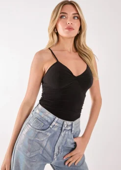 Tops>Pink Vanilla Black Slinky Twist Front Bodysuit