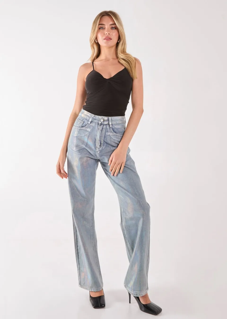 Tops>Pink Vanilla Black Slinky Twist Front Bodysuit