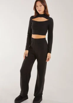 Trousers>Pink Vanilla Soft Brushed Rib Flares Black