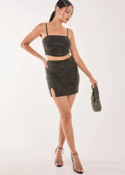 Skirts>Pink Vanilla Black Split Front Diamante Mini Skirt