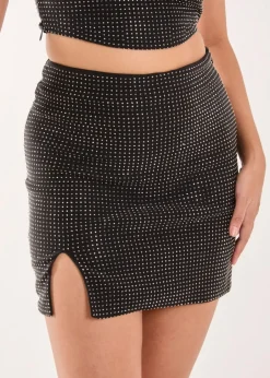 Skirts>Pink Vanilla Black Split Front Diamante Mini Skirt