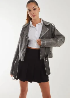 Coats & Jackets>Pink Vanilla Black Stone Wash PU Biker Jacket