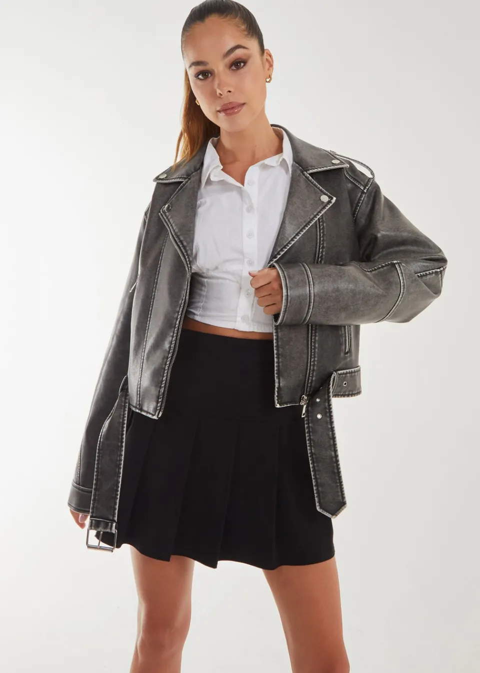 Coats & Jackets>Pink Vanilla Black Stone Wash PU Biker Jacket