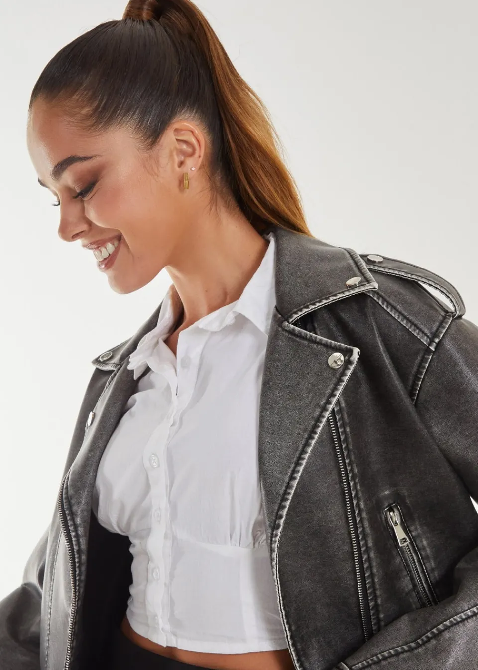 Coats & Jackets>Pink Vanilla Black Stone Wash PU Biker Jacket
