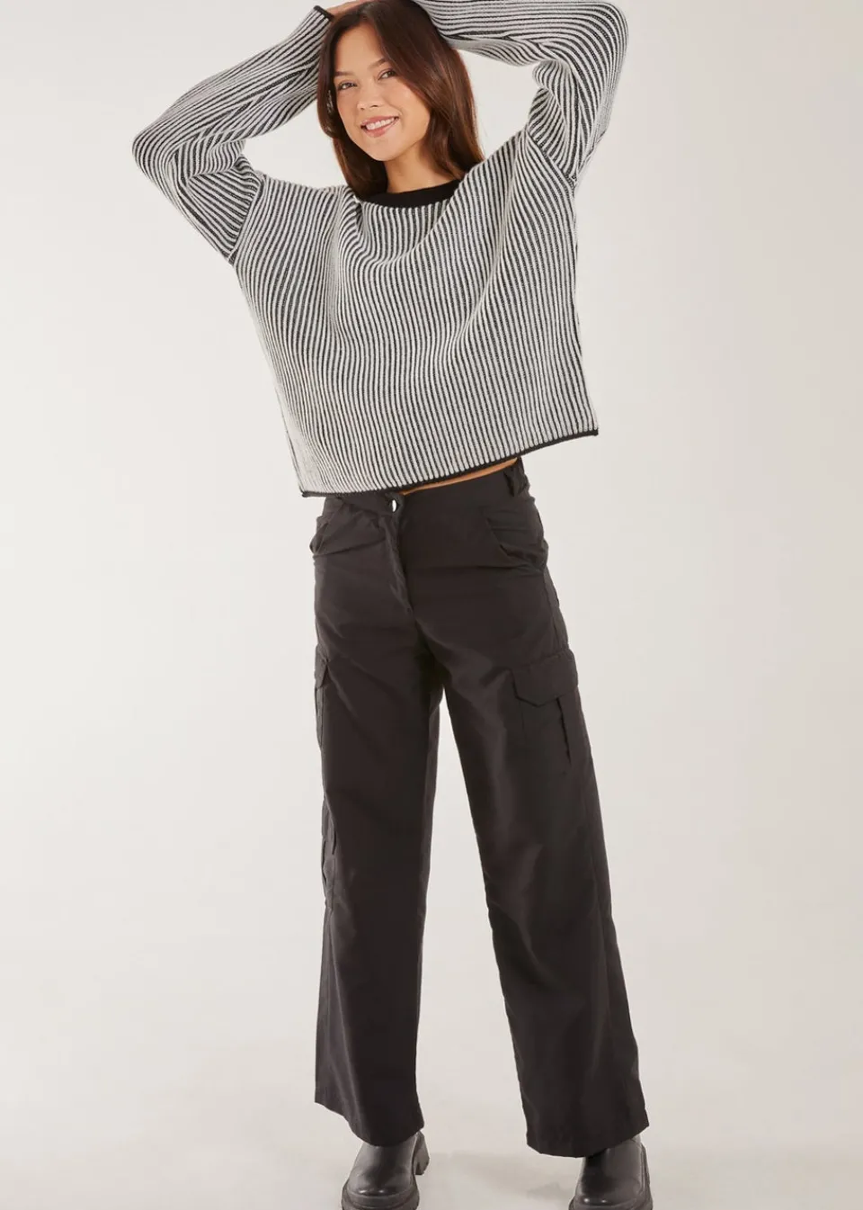 Tops>Pink Vanilla Striped Ribbed Long Sleeve Jumper Black