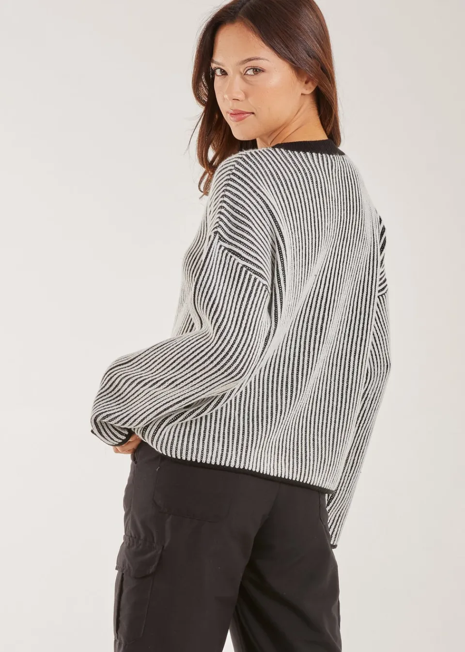 Tops>Pink Vanilla Striped Ribbed Long Sleeve Jumper Black