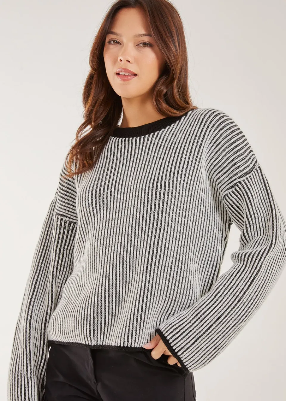 Tops>Pink Vanilla Striped Ribbed Long Sleeve Jumper Black